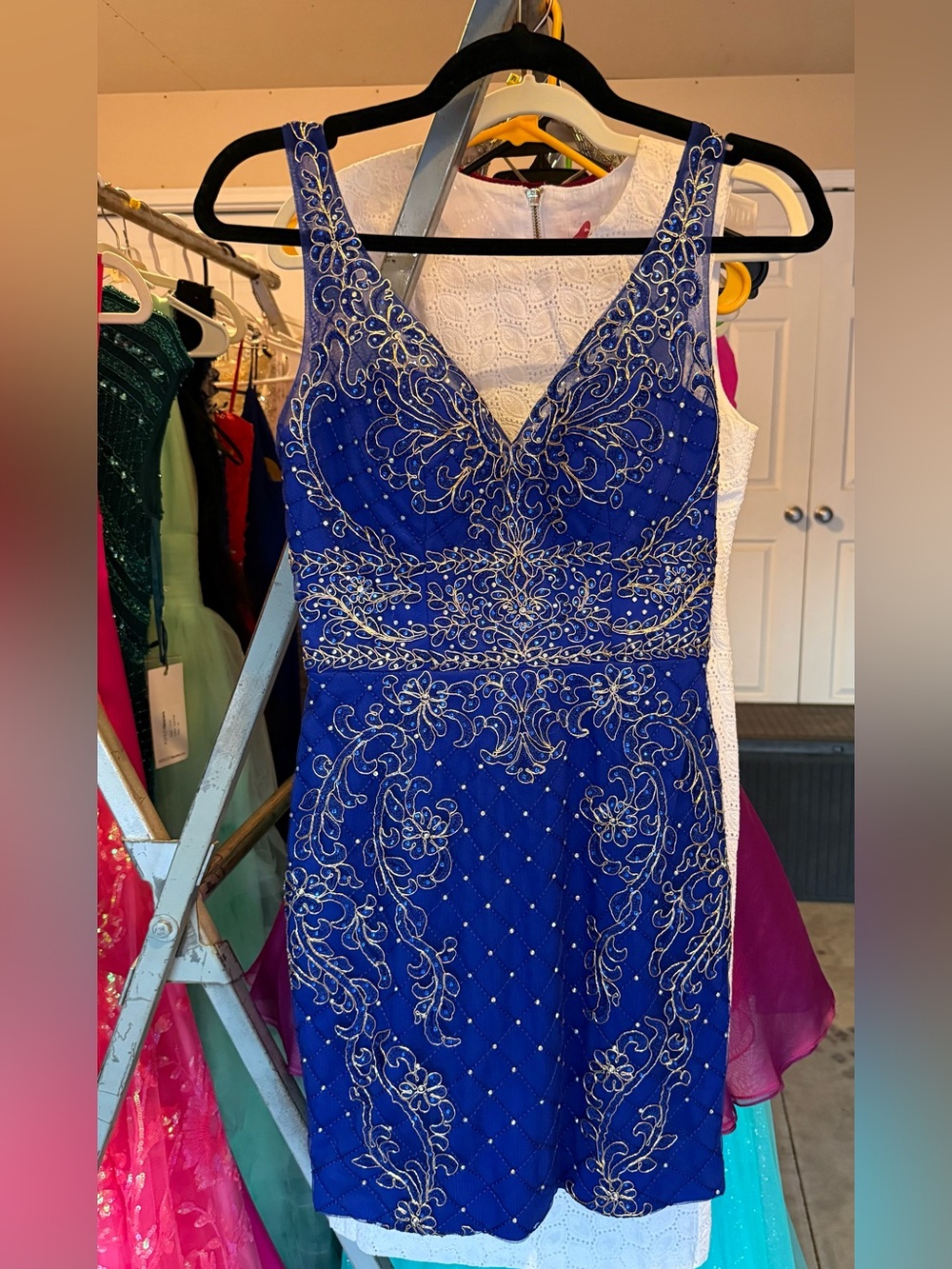 Narianna Royal Blue Embellished V-Neck Prom Dress